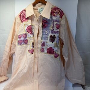 The Quacker Factory Women's Medium Linen Blend Shirt Rose Applique Rhinestone Ne